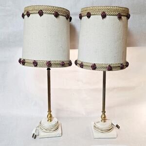 2 Vintage Bedside Table Lamps Marble & Gold Rose Bud Shades 22" Tall Boudoir